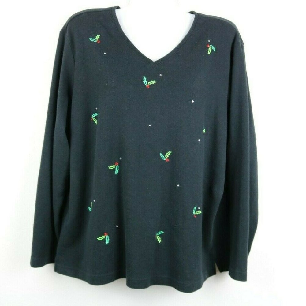 Quacker Factory Womens Blouse Long Sleeve Black - Picture 1 of 7